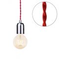 Red Braided Cable Kit with Nickel Fitting & 4 Watt LED Filament Globe Light Bulb – Gold Tint
