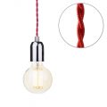 Red Braided Cable Kit with Nickel Fitting & 6 Watt LED Filament Globe Light Bulb – Gold Tint