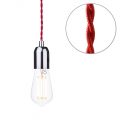 Red Braided Cable Kit with Nickel Fitting & 6 Watt LED Filament Teardrop Light Bulb – Clear