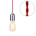 Red Braided Cable Kit with Nickel Fitting & 6 Watt LED Filament Teardrop Light Bulb – Gold Tint